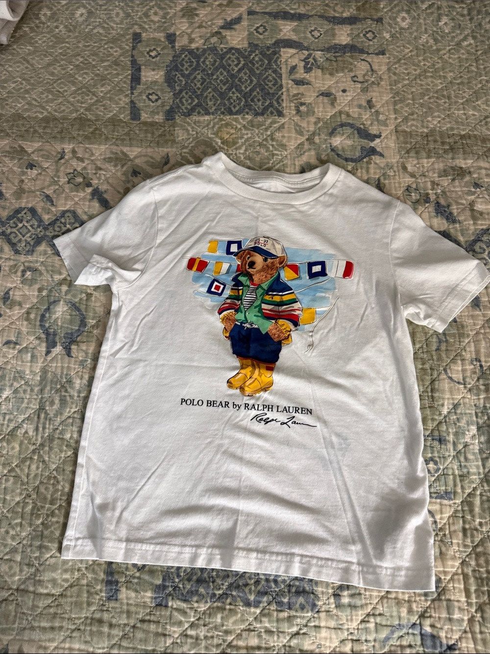 Ralph Lauren White Kids Polo Bear Graphic Tee with Multicolor Bear